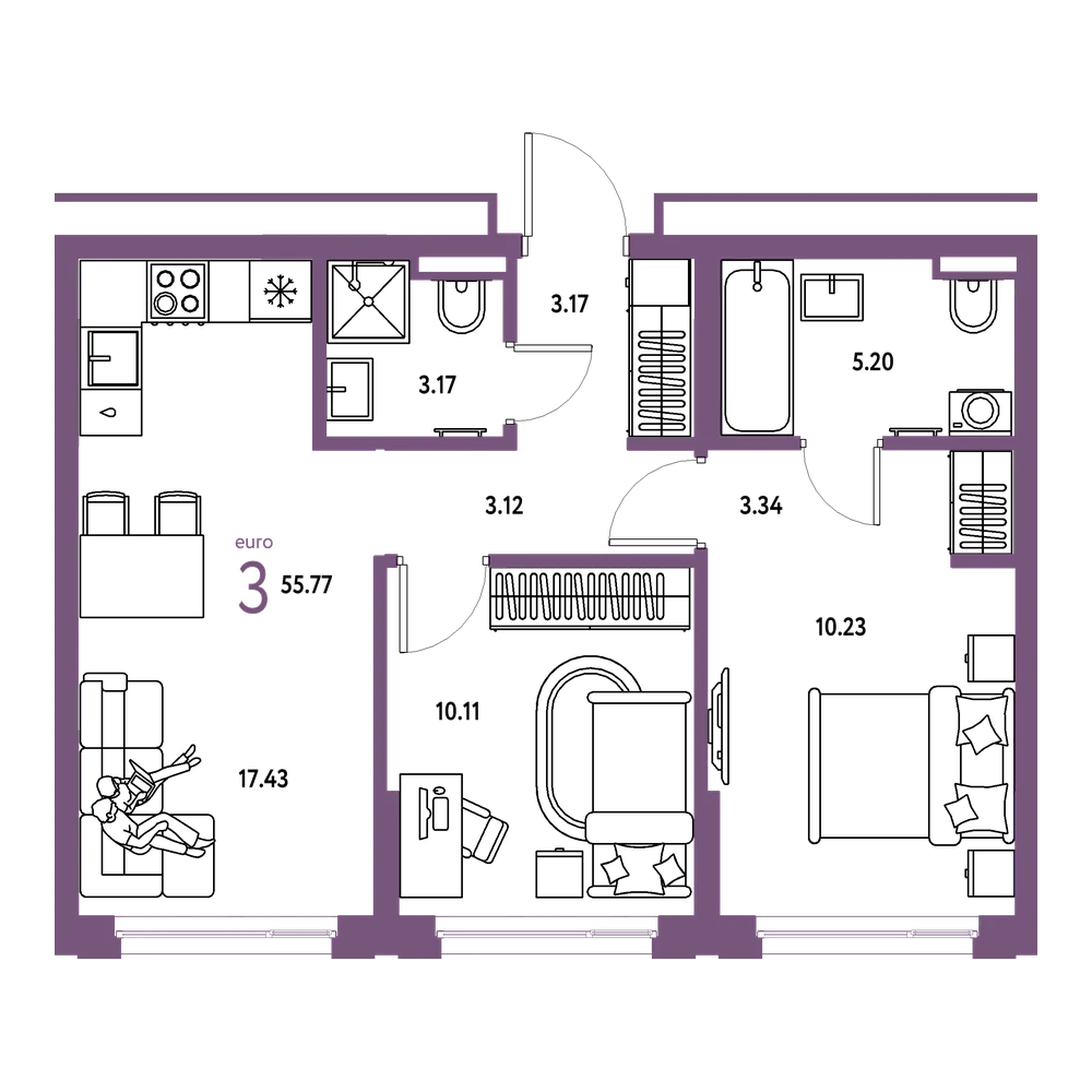 Планировка: Евротрёшка 55,77 м²