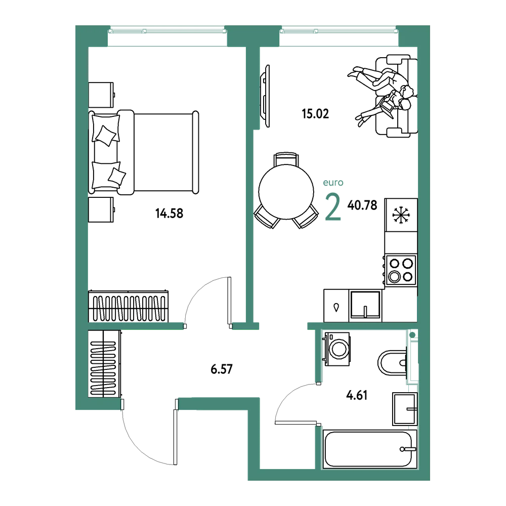 Планировка: Евродвушка 40,78 м²
