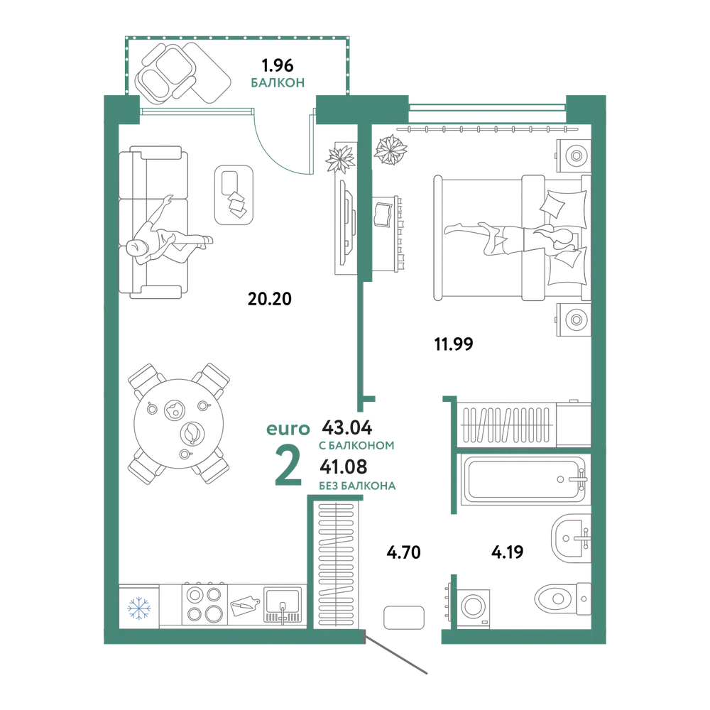 Планировка: Евродвушка 43,15 м²