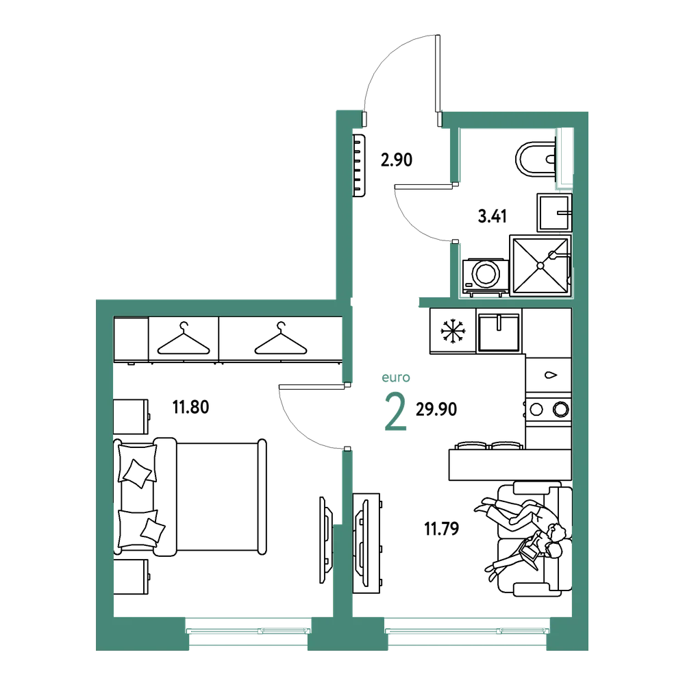 Планировка: Евродвушка 29,9 м²
