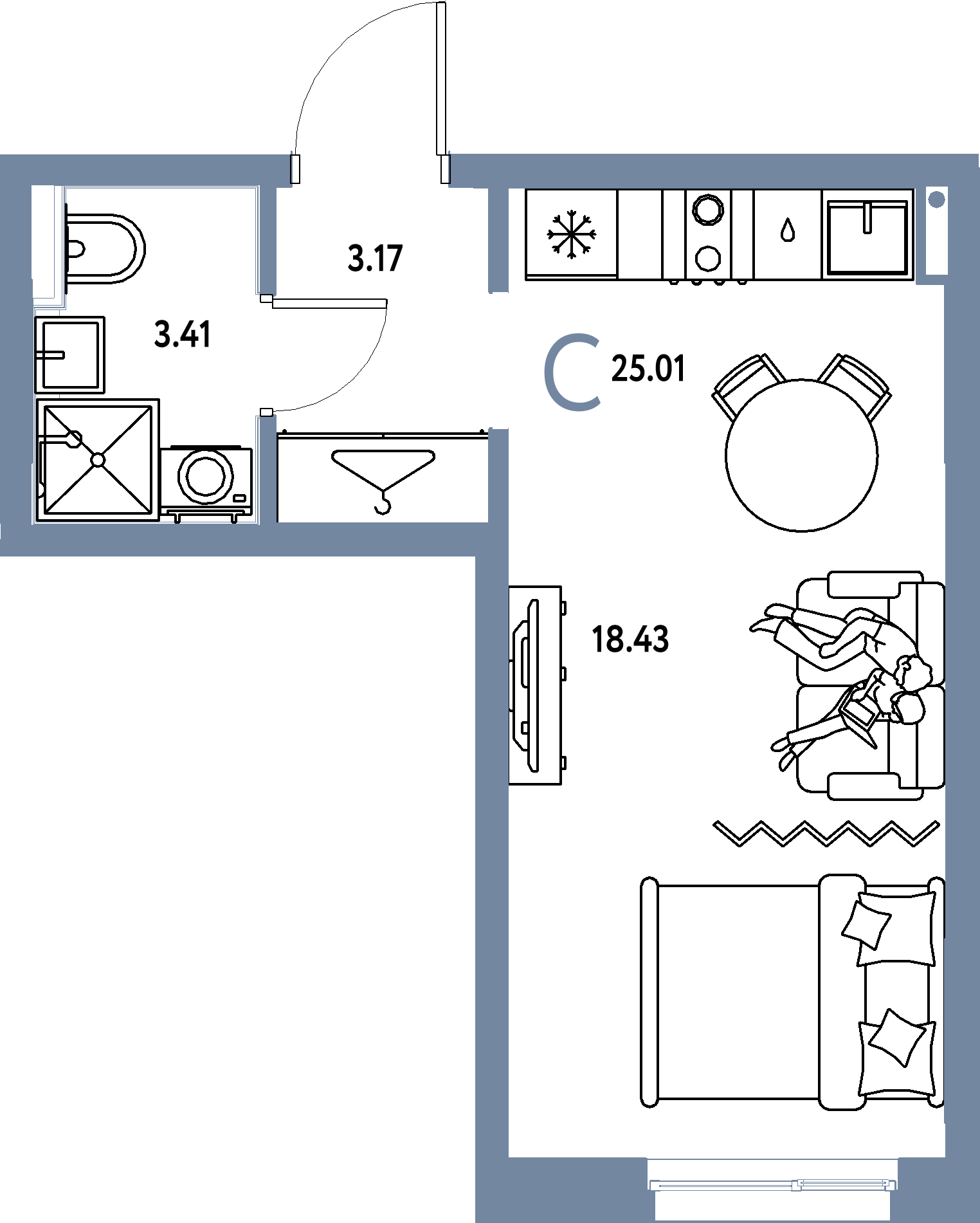 Планировка: Студия 25,01 м² в ЖК «Страна.Прибрежная»
