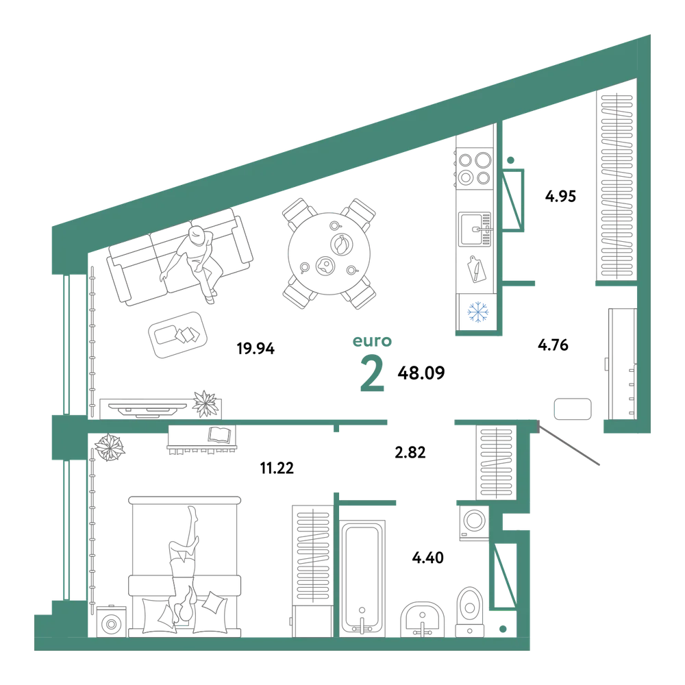Планировка: Евродвушка 48,09 м²