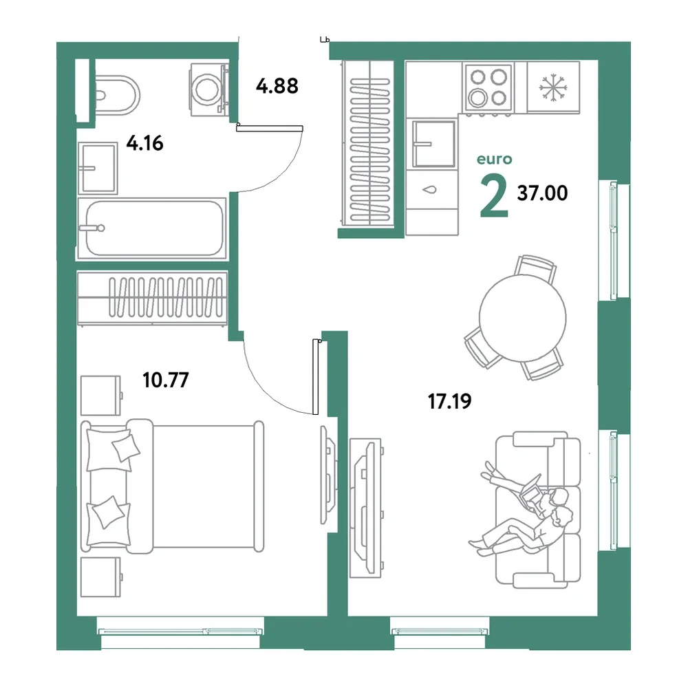 Планировка: Евродвушка 37 м²