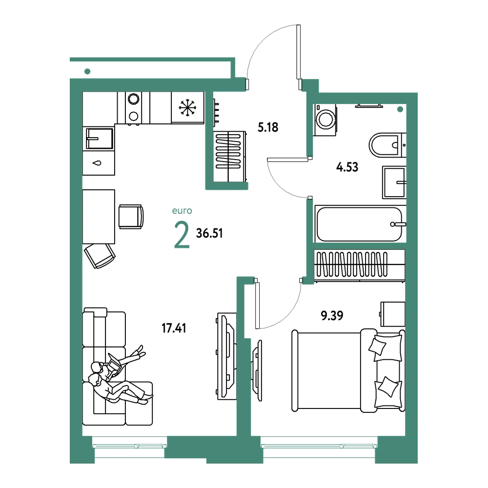 Планировка: Евродвушка 36,51 м²