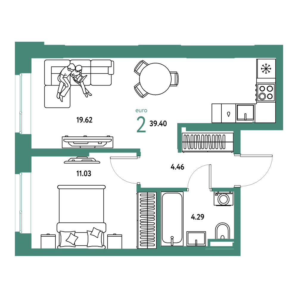 Планировка: Евродвушка 39,4 м²