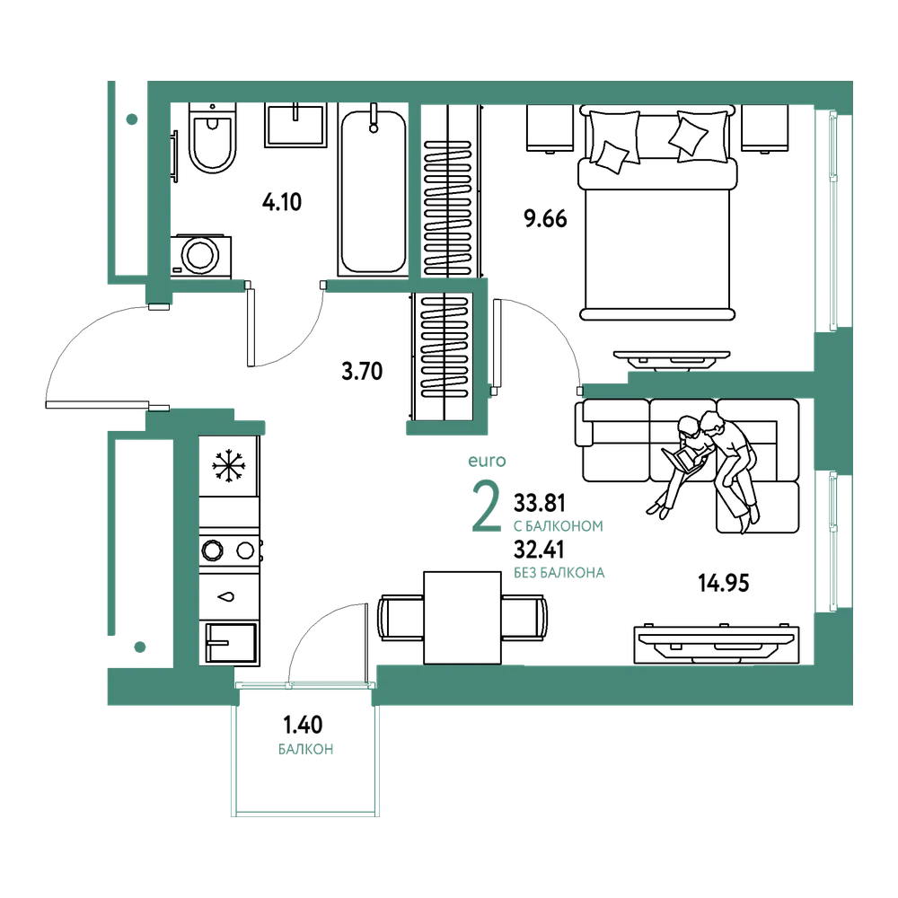 Планировка: Евродвушка 33,81 м²