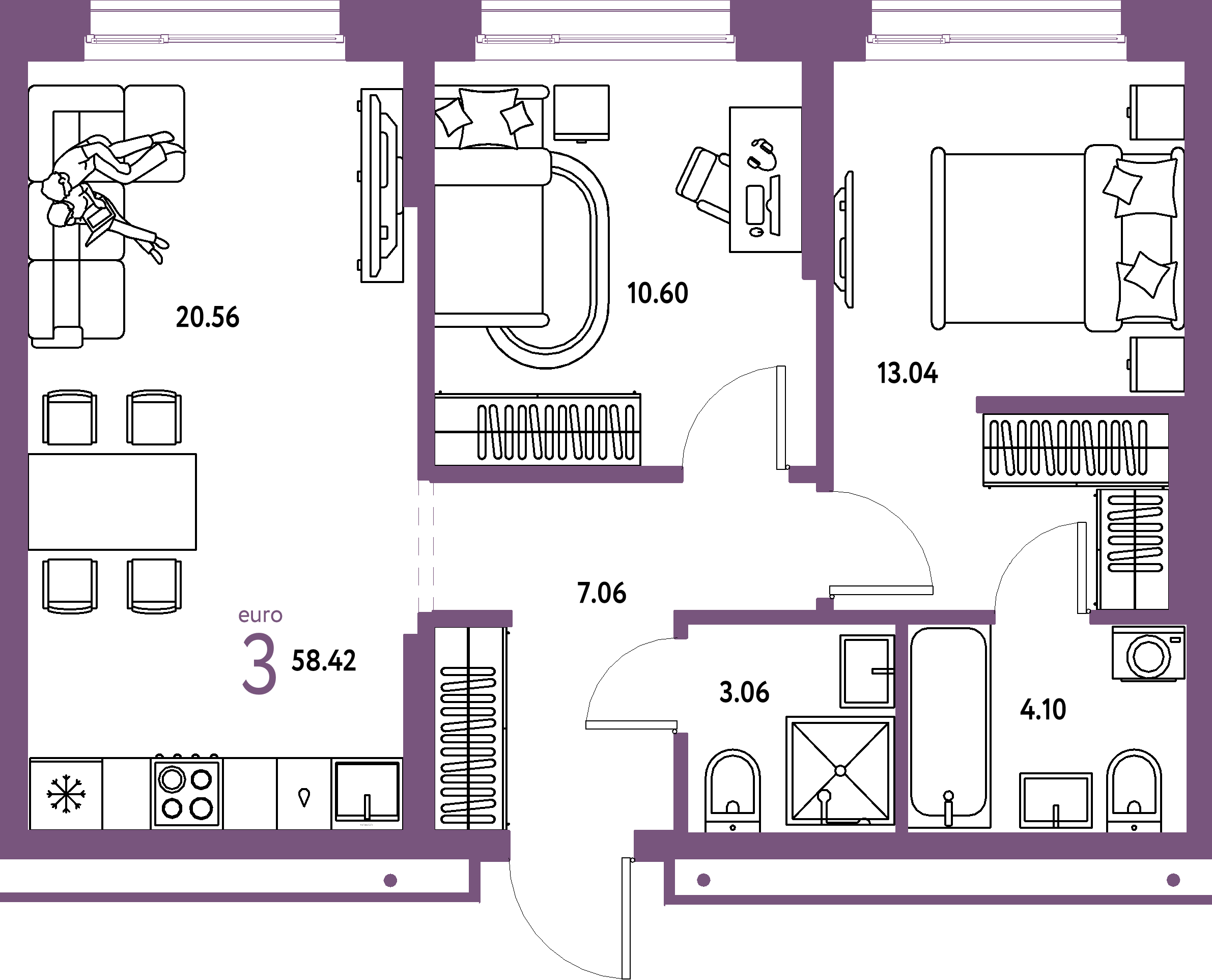 Планировка: Евротрёшка 58,42 м² в ЖК «Домашний»