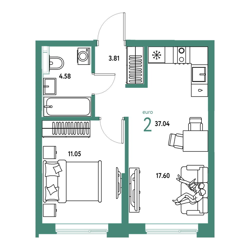 Планировка: Евродвушка 37,04 м²