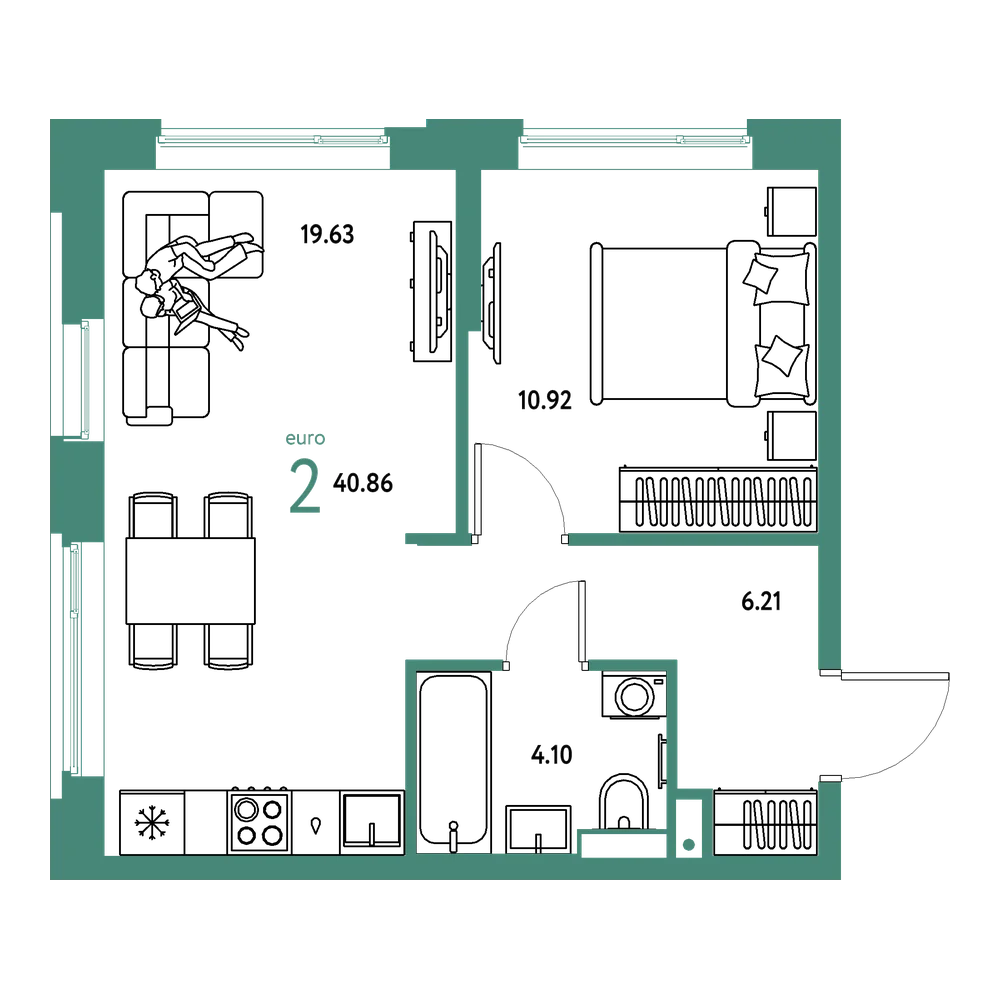 Планировка: Евродвушка 40,86 м²