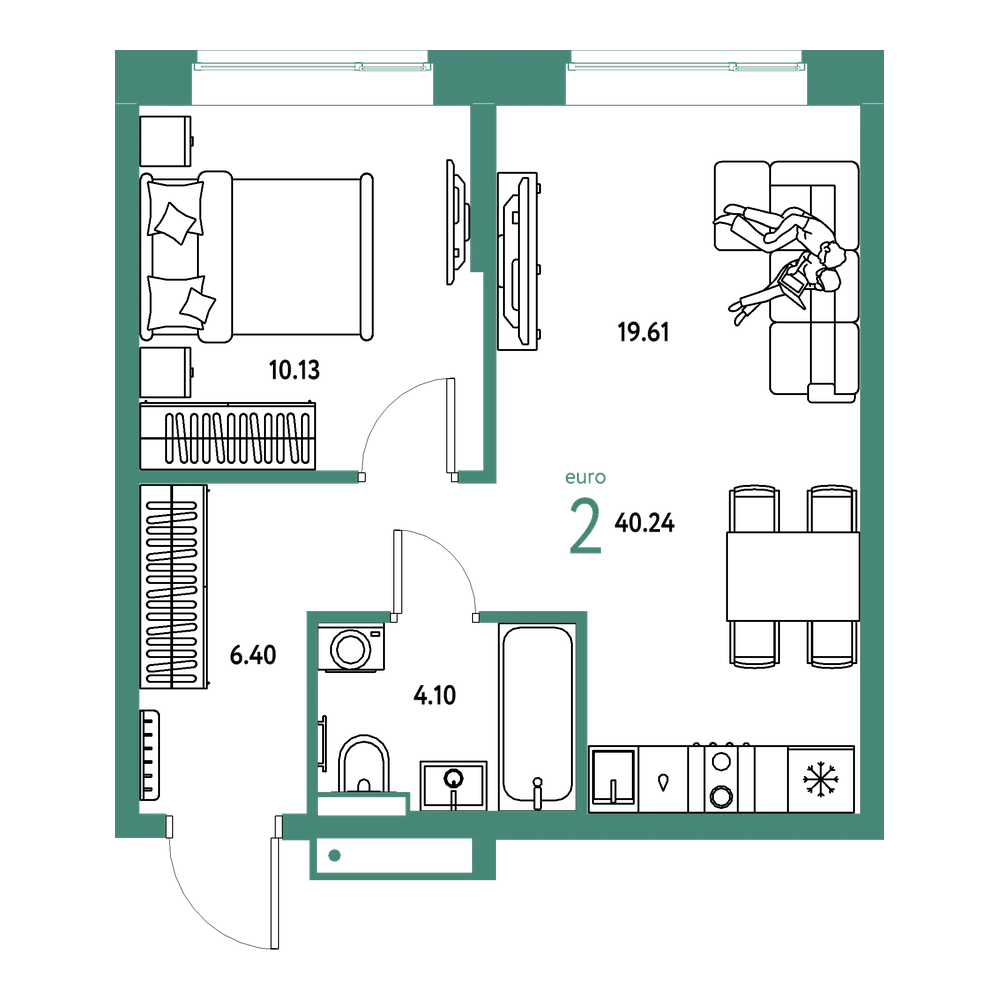 Планировка: Евродвушка 40,24 м²
