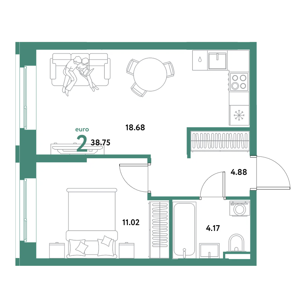 Планировка: Евродвушка 38,75 м²