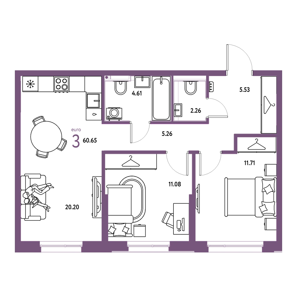 Планировка: Евротрёшка 60,65 м²