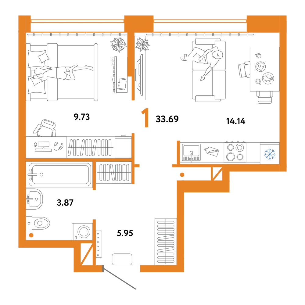 Планировка: 1-комнатная 33,69 м²