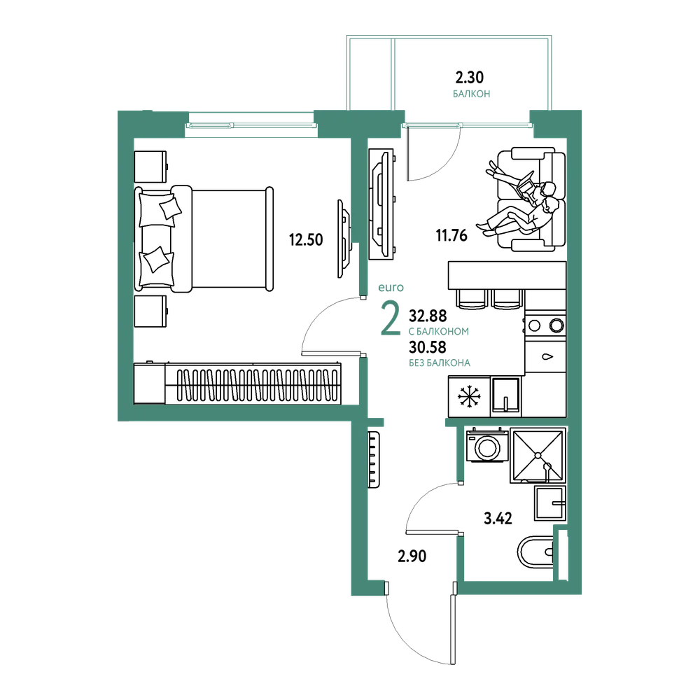 Планировка: Евродвушка 32,88 м²