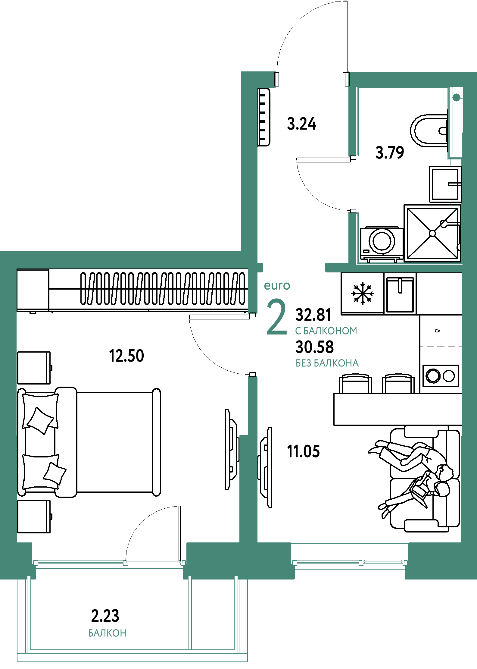Планировка: Евродвушка 32,81 м² в ЖК «Остров-сад»