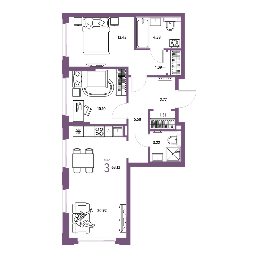 Планировка: Евротрёшка 63,12 м²