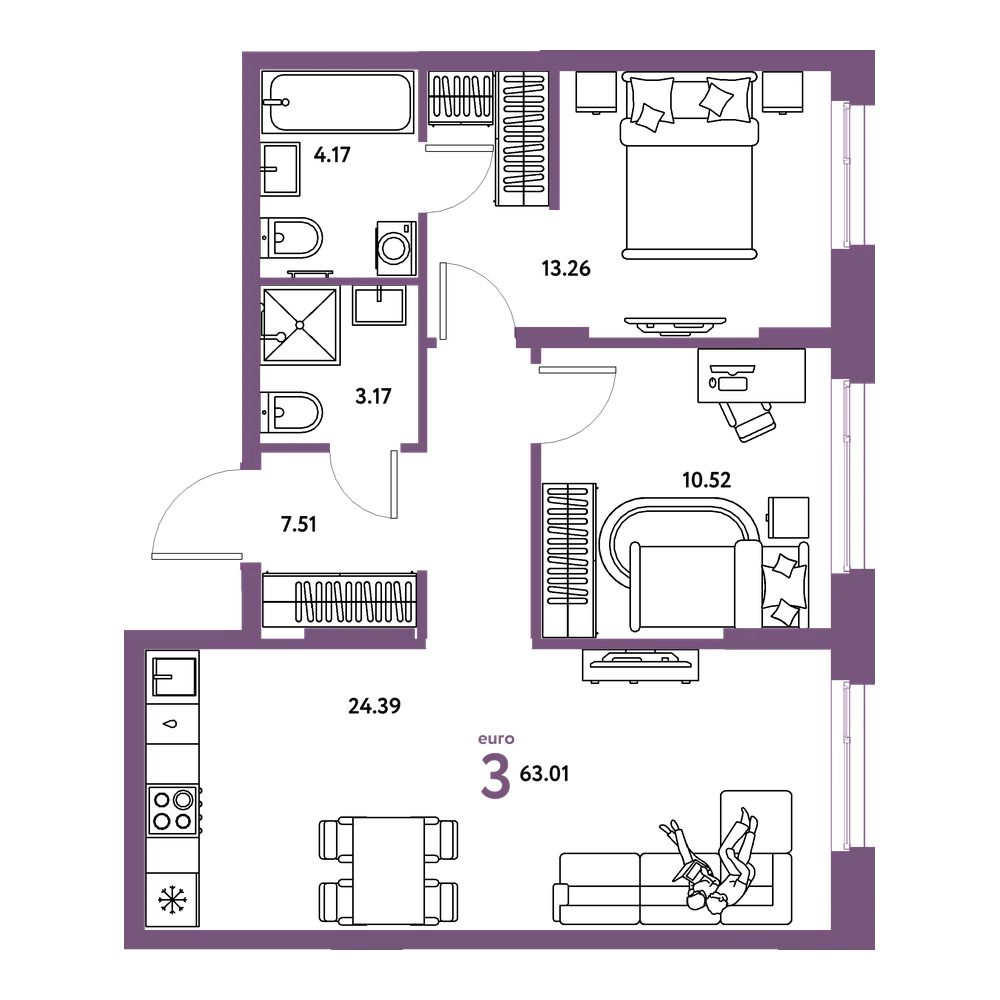 Планировка: Евротрёшка 63,01 м²