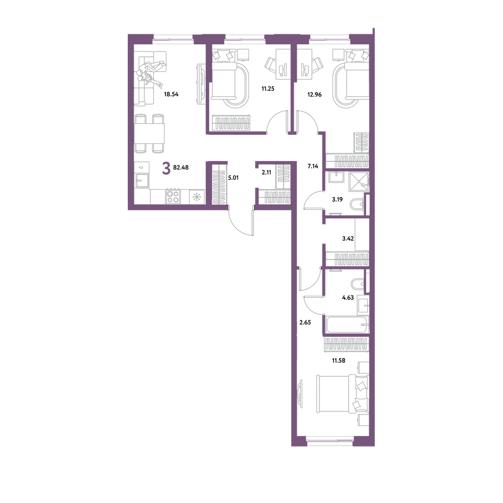 Планировка: 3-комнатная 82,48 м²