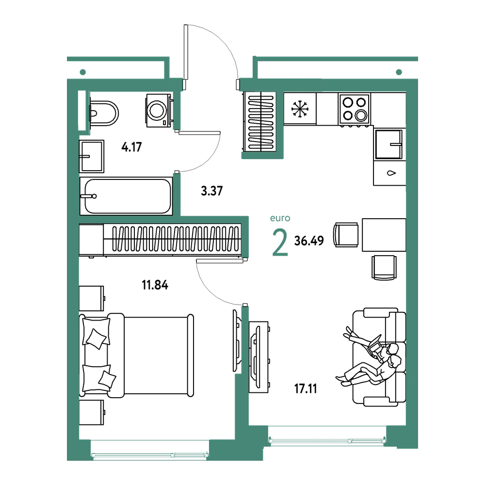 Планировка: Евродвушка 36,49 м²