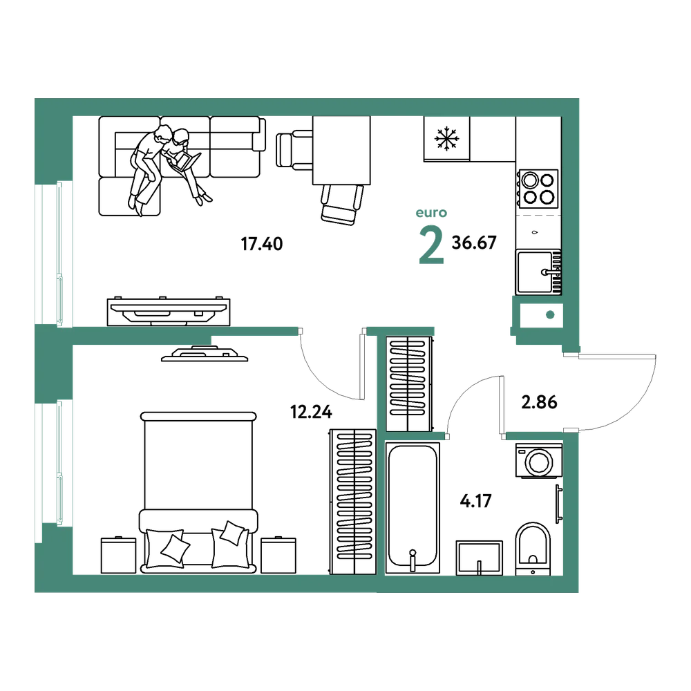Планировка: Евродвушка 36,67 м²
