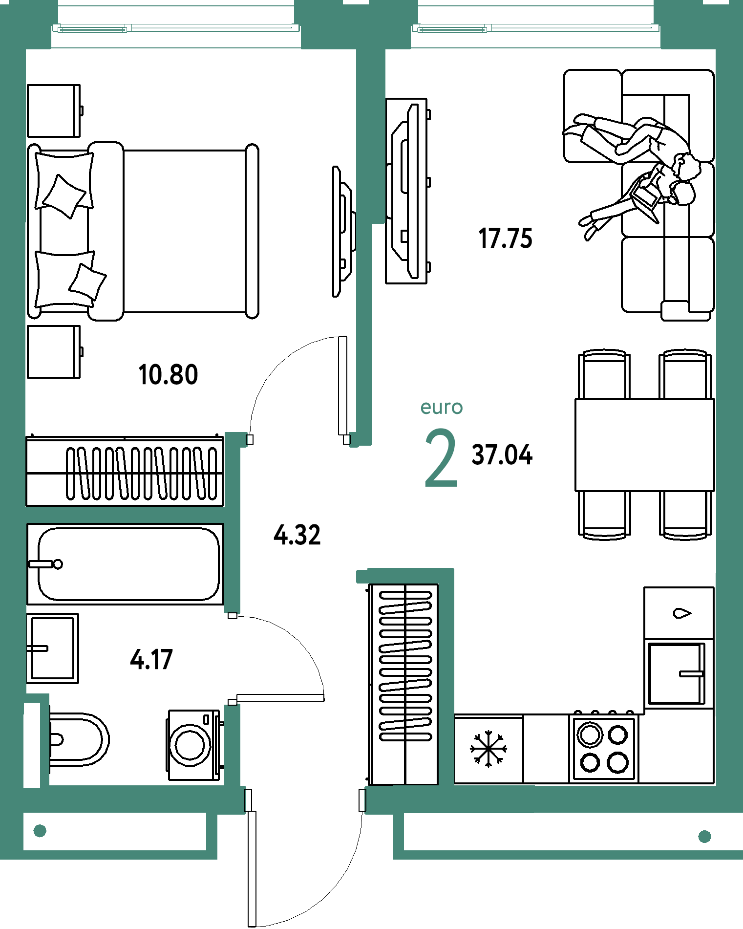 Планировка: Евродвушка 37,04 м² в ЖК «Страна.Прибрежная»