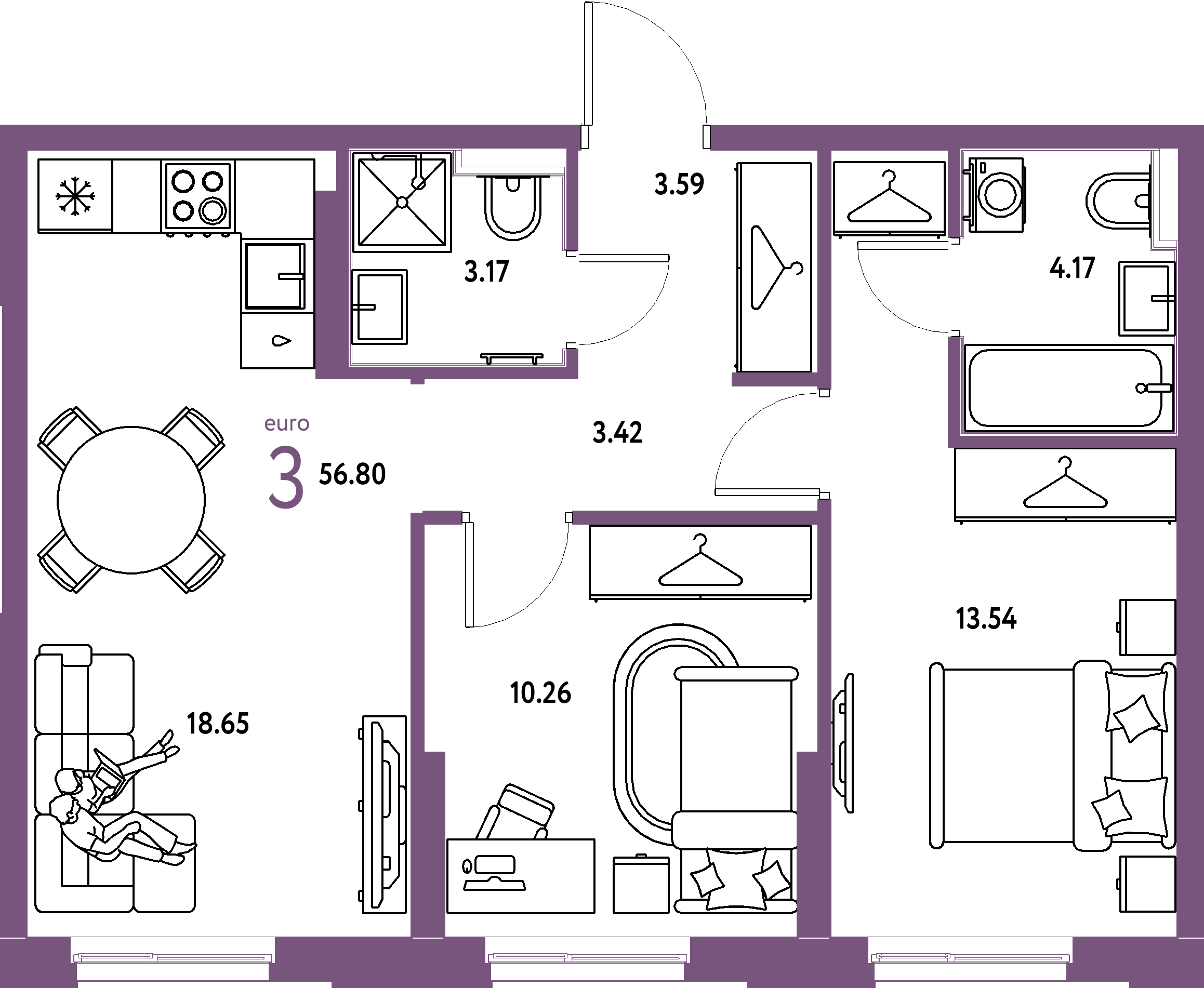 Планировка: Евротрёшка 56,8 м² в ЖК «Европейский берег 2.0»