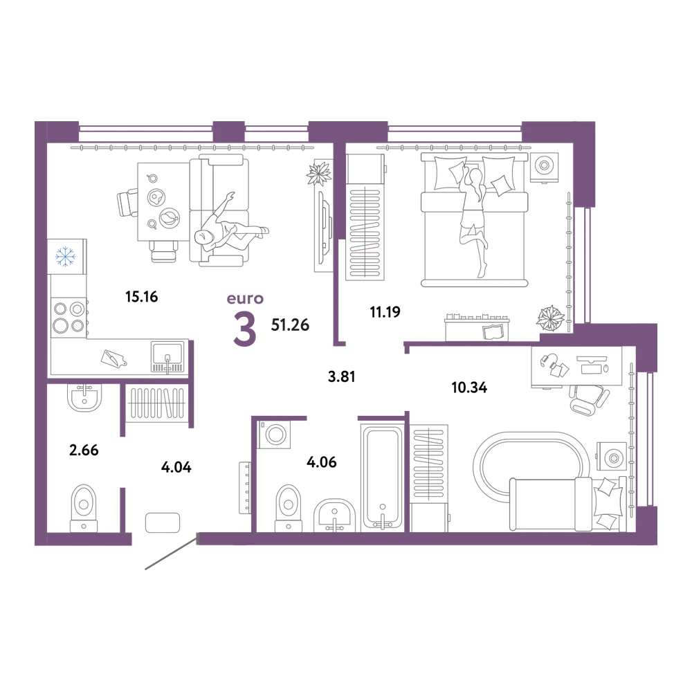 Планировка: Евротрёшка 51,26 м²