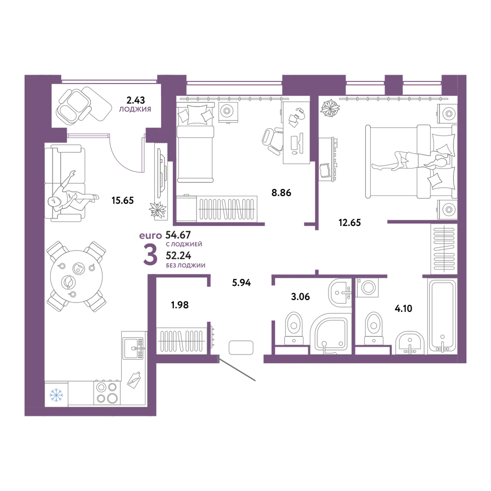 Планировка: Евротрёшка 54,67 м²