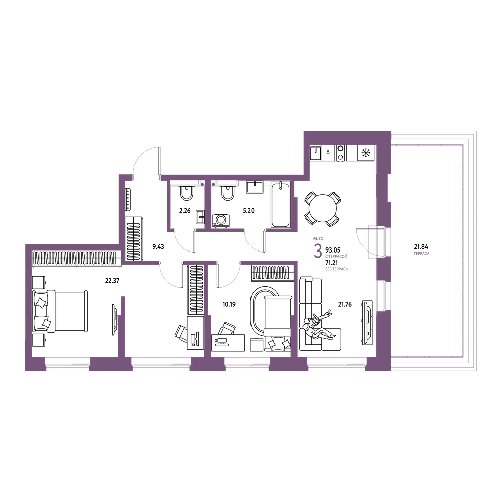 Планировка: Евротрёшка 93,05 м²