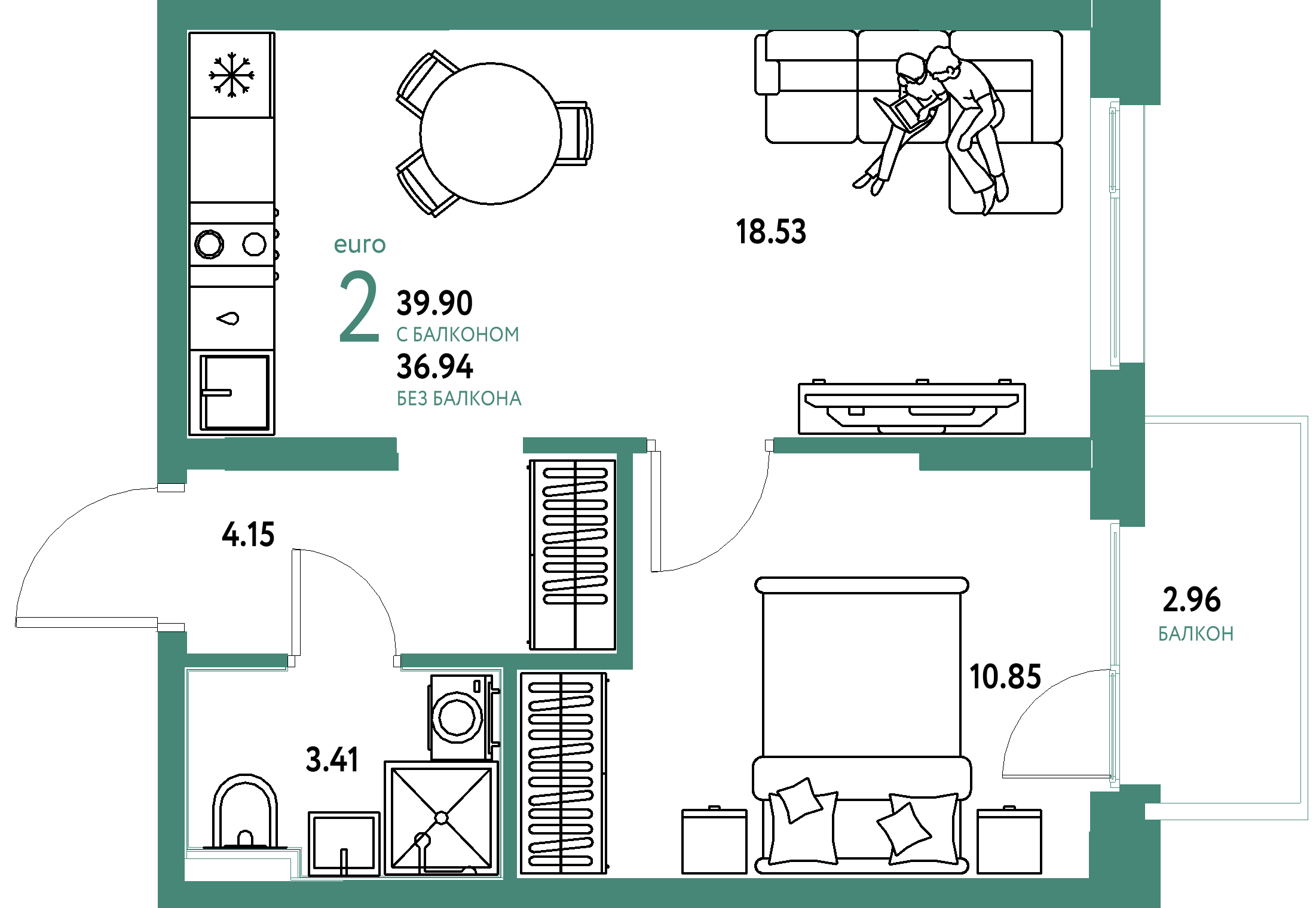 Планировка: Евродвушка 39,62 м² в ЖК «Домашний»