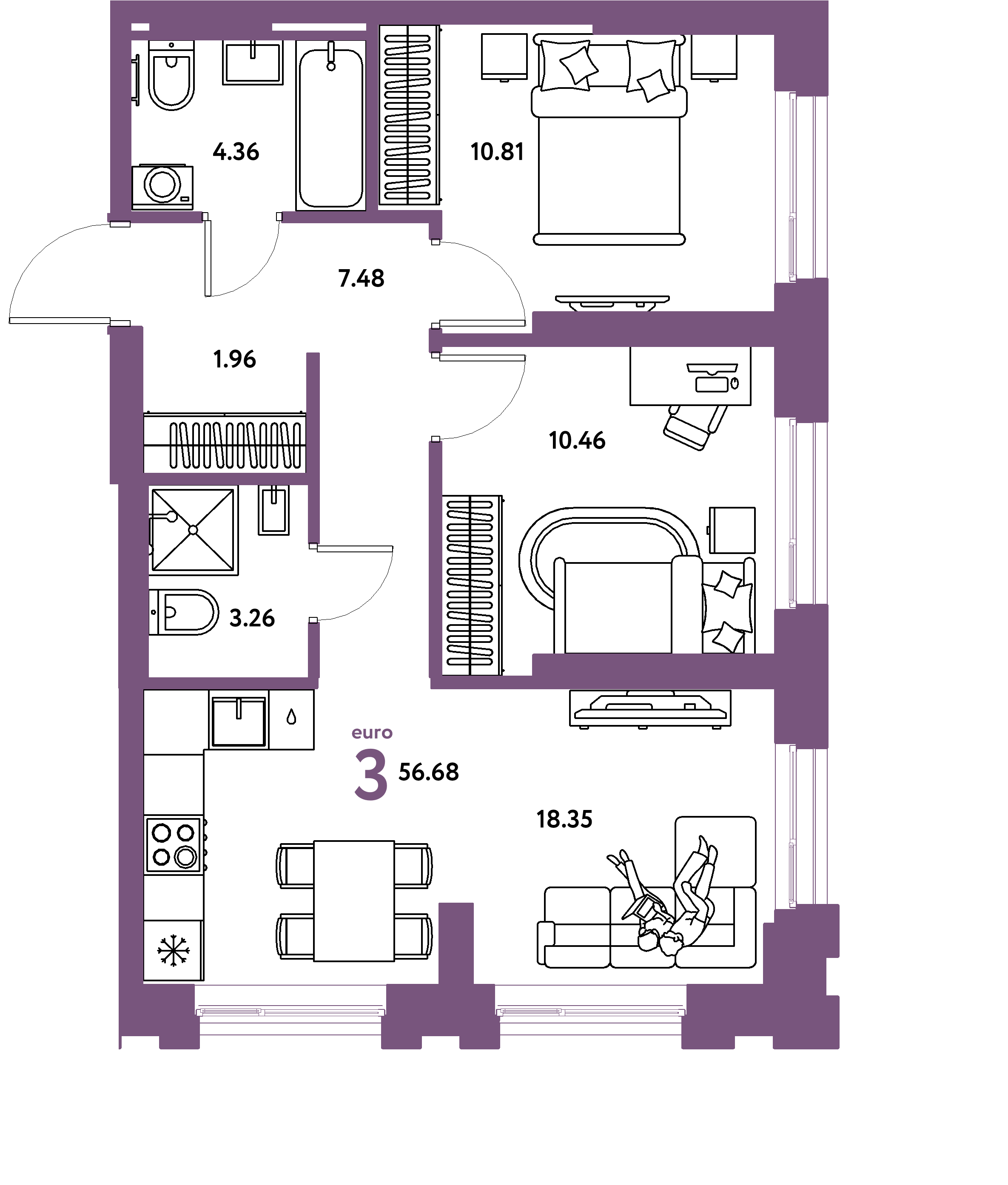 Планировка: Евротрёшка 56,68 м² в ЖК «Европейский берег 2.0»