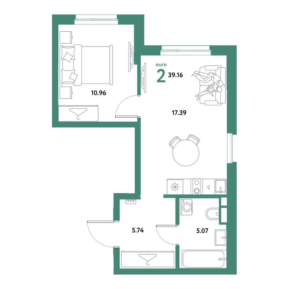 Планировка: Евродвушка 39,16 м²