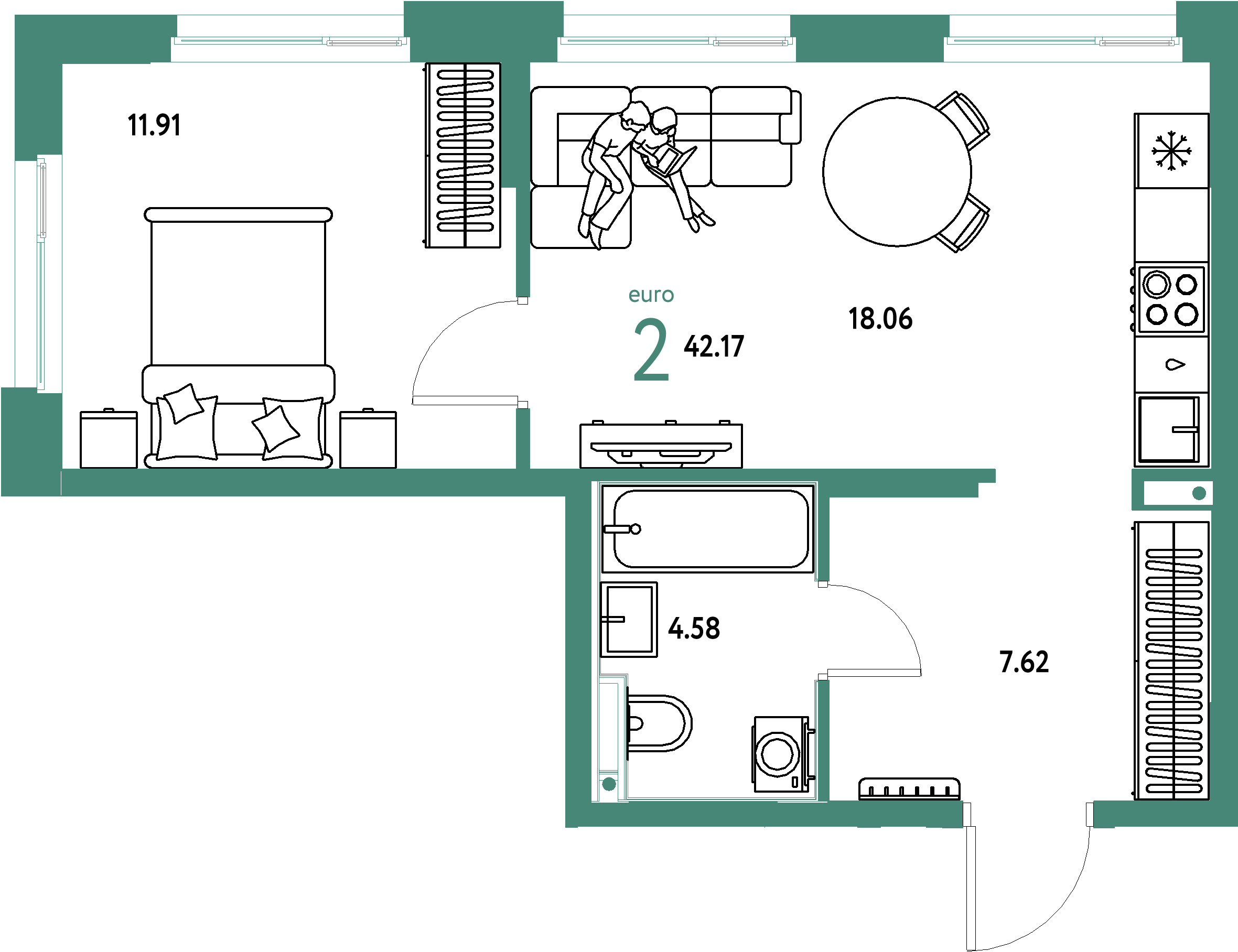 Планировка: Евродвушка 42,17 м² в ЖК «Домашний»