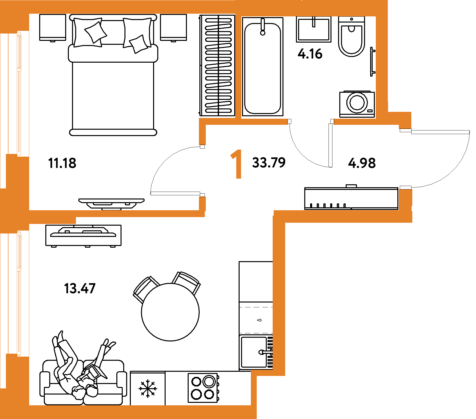Планировка: 1-комнатная 33,79 м² в ЖК «Европейский берег 2.0»