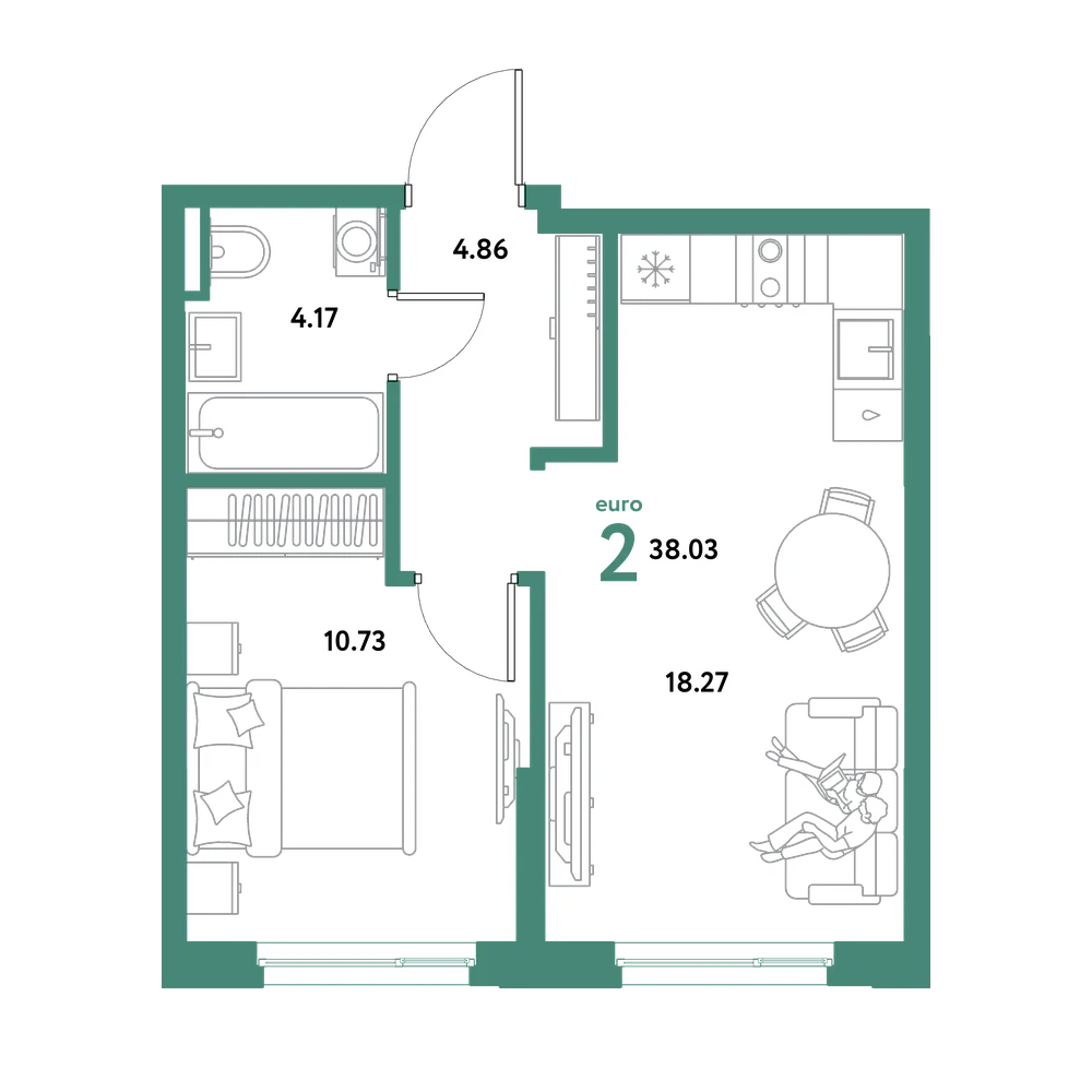 Планировка: Евродвушка 38,03 м²