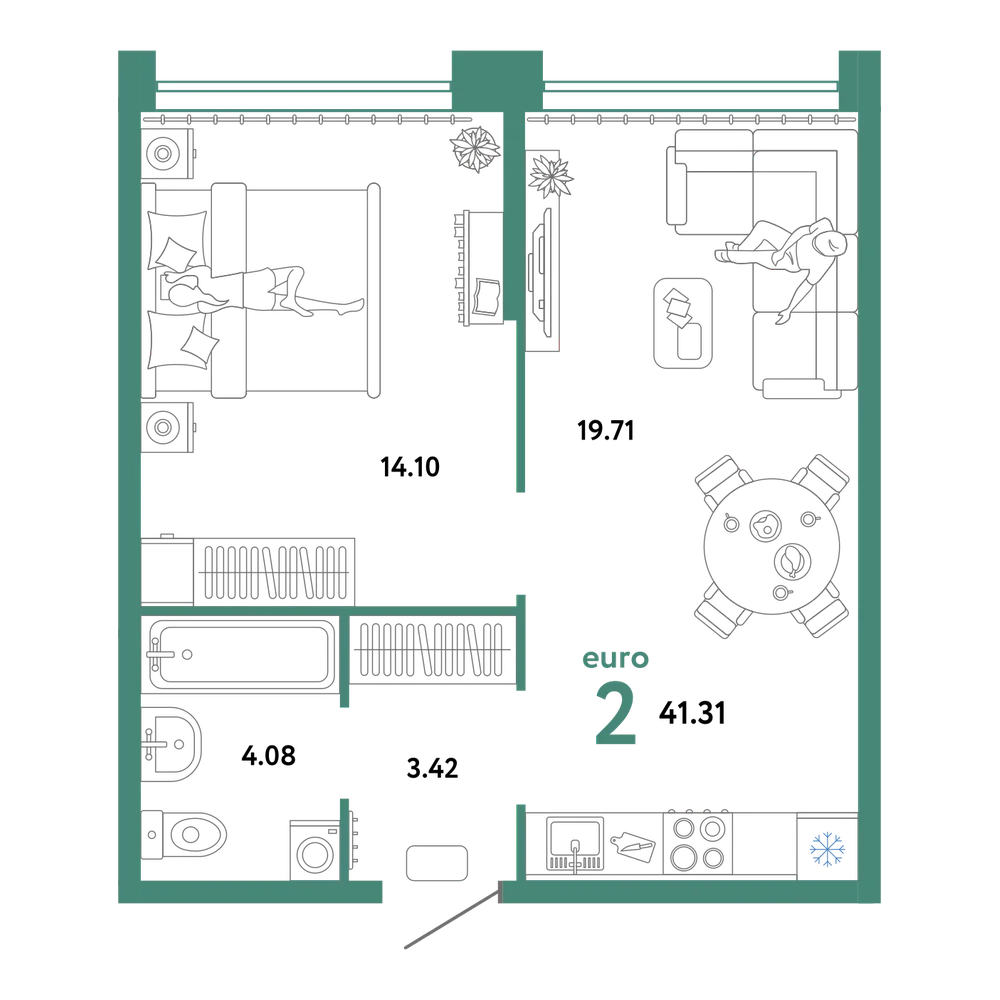 Планировка: Евродвушка 41,32 м²