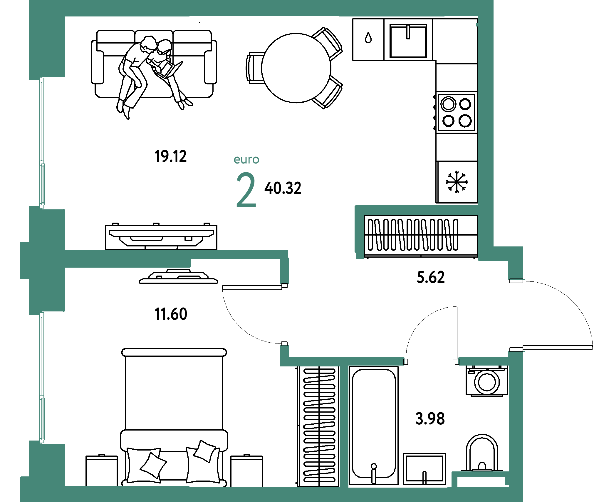 Планировка: Евродвушка 40,51 м² в ЖК «Остров-сад»