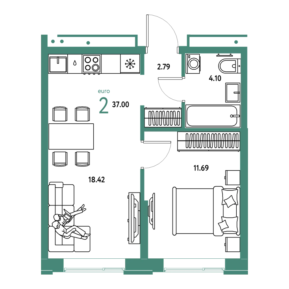 Планировка: Евродвушка 37 м²
