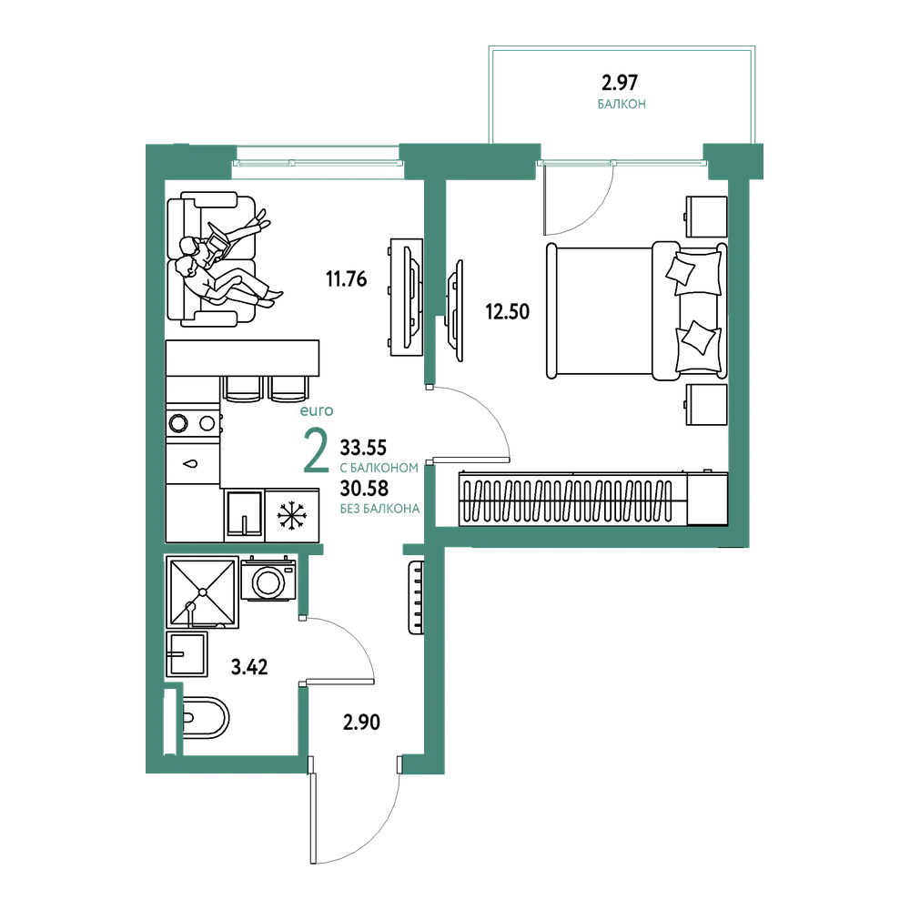 Планировка: Евродвушка 33,55 м²