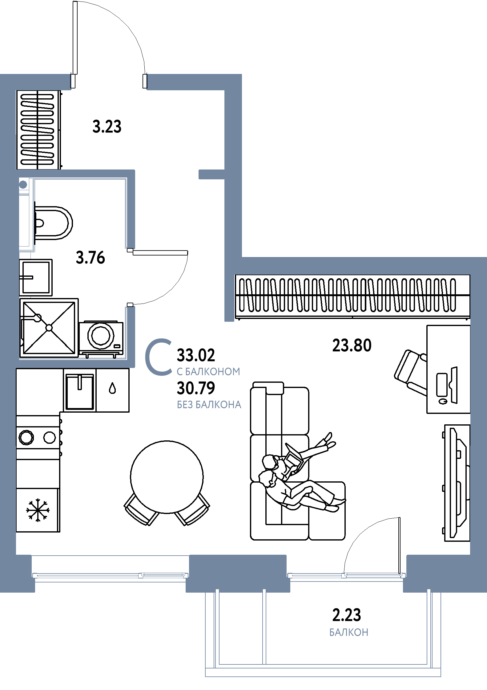 Планировка: Студия 33,02 м² в ЖК «Остров-сад»