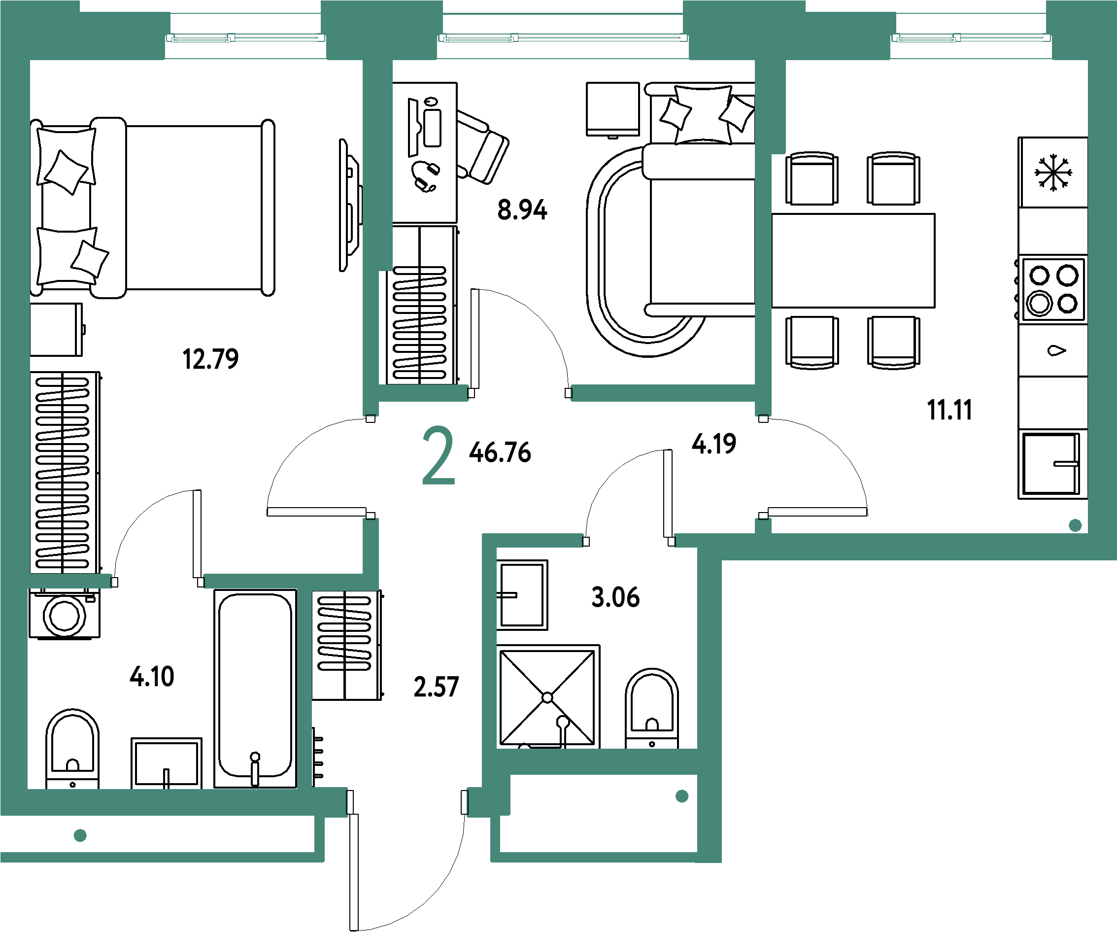 Планировка: 2-комнатная 46,76 м² в ЖК «Домашний»