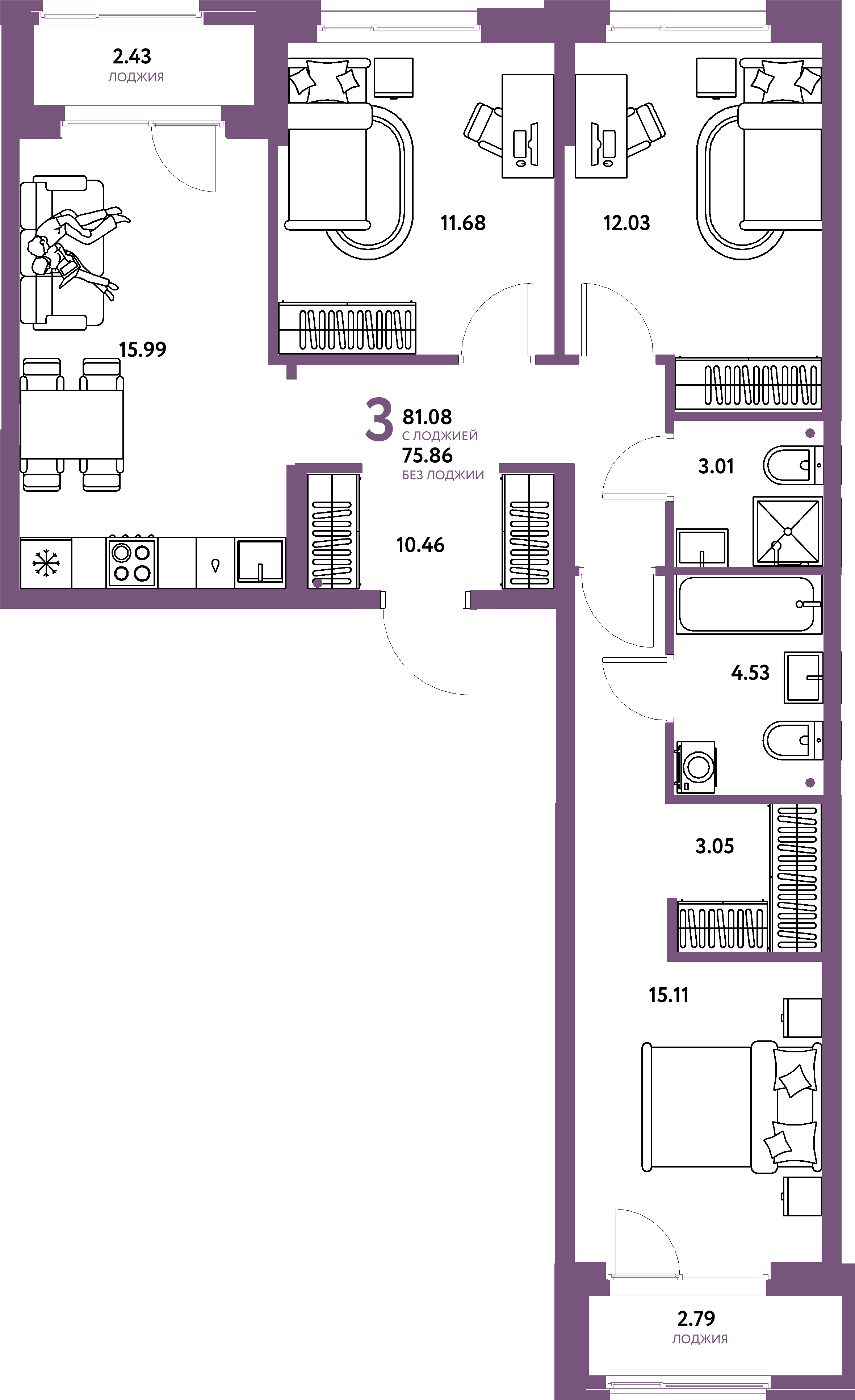 Планировка: 4-комнатная 81,08 м² в ЖК «Европейский берег 2.0»