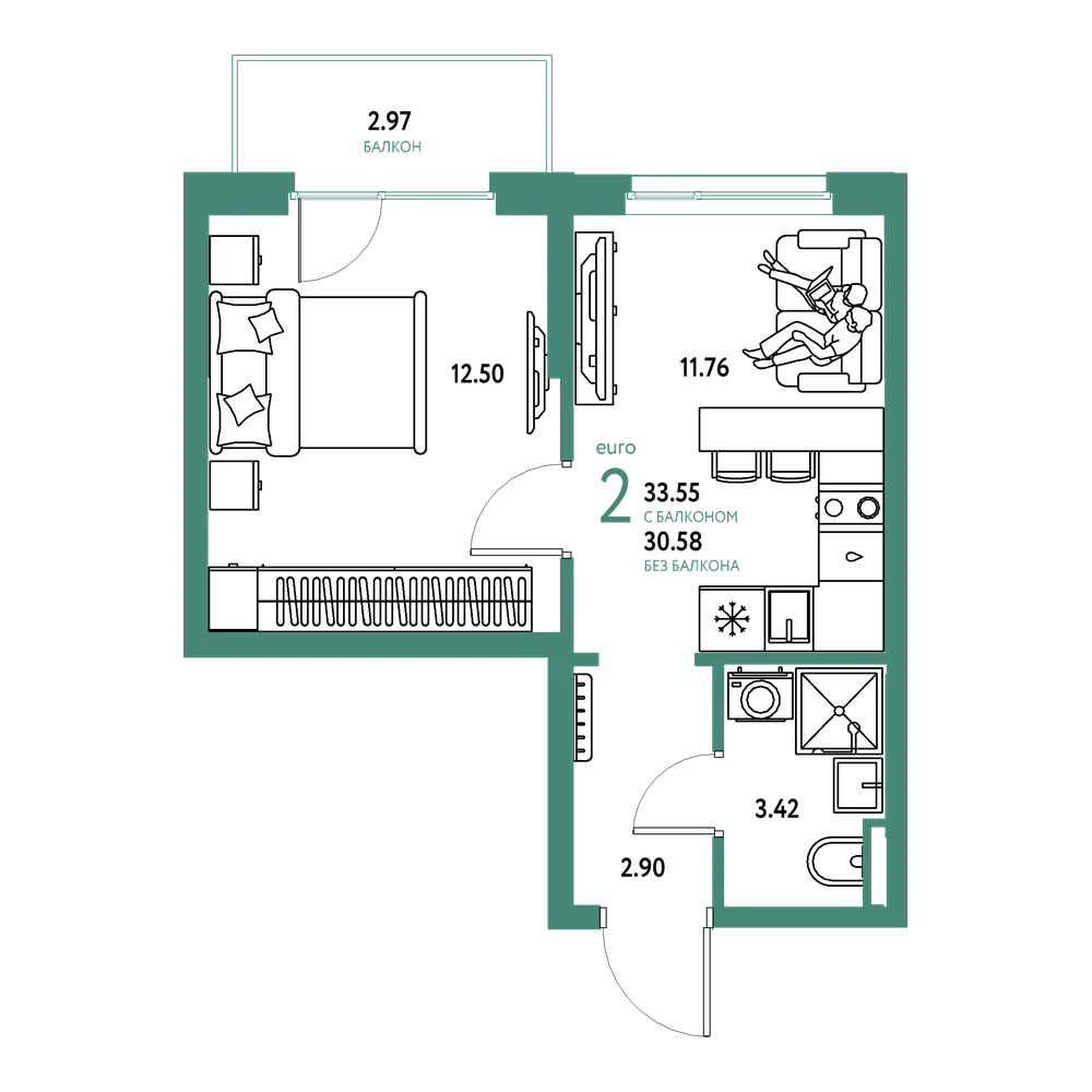 Планировка: Евродвушка 33,55 м²