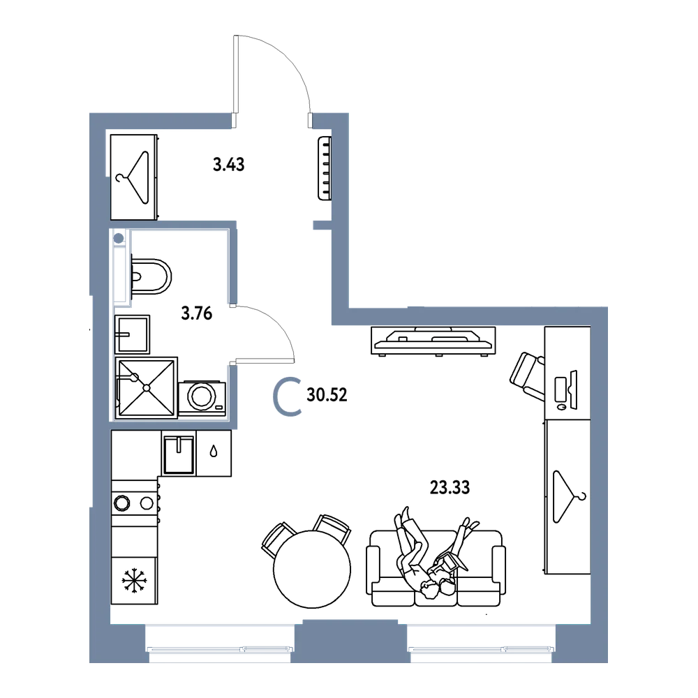 Планировка: Студия 30,52 м²