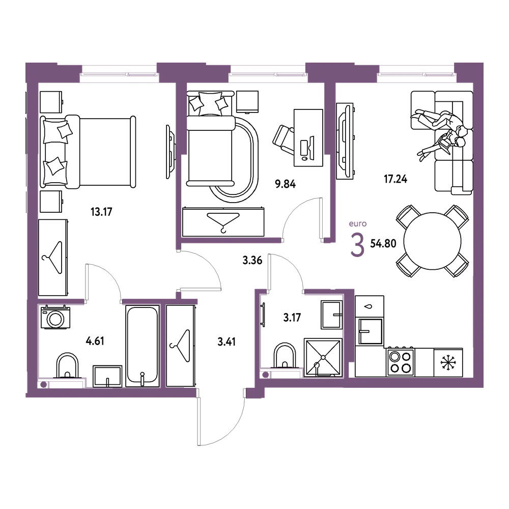 Планировка: Евротрёшка 54,8 м²