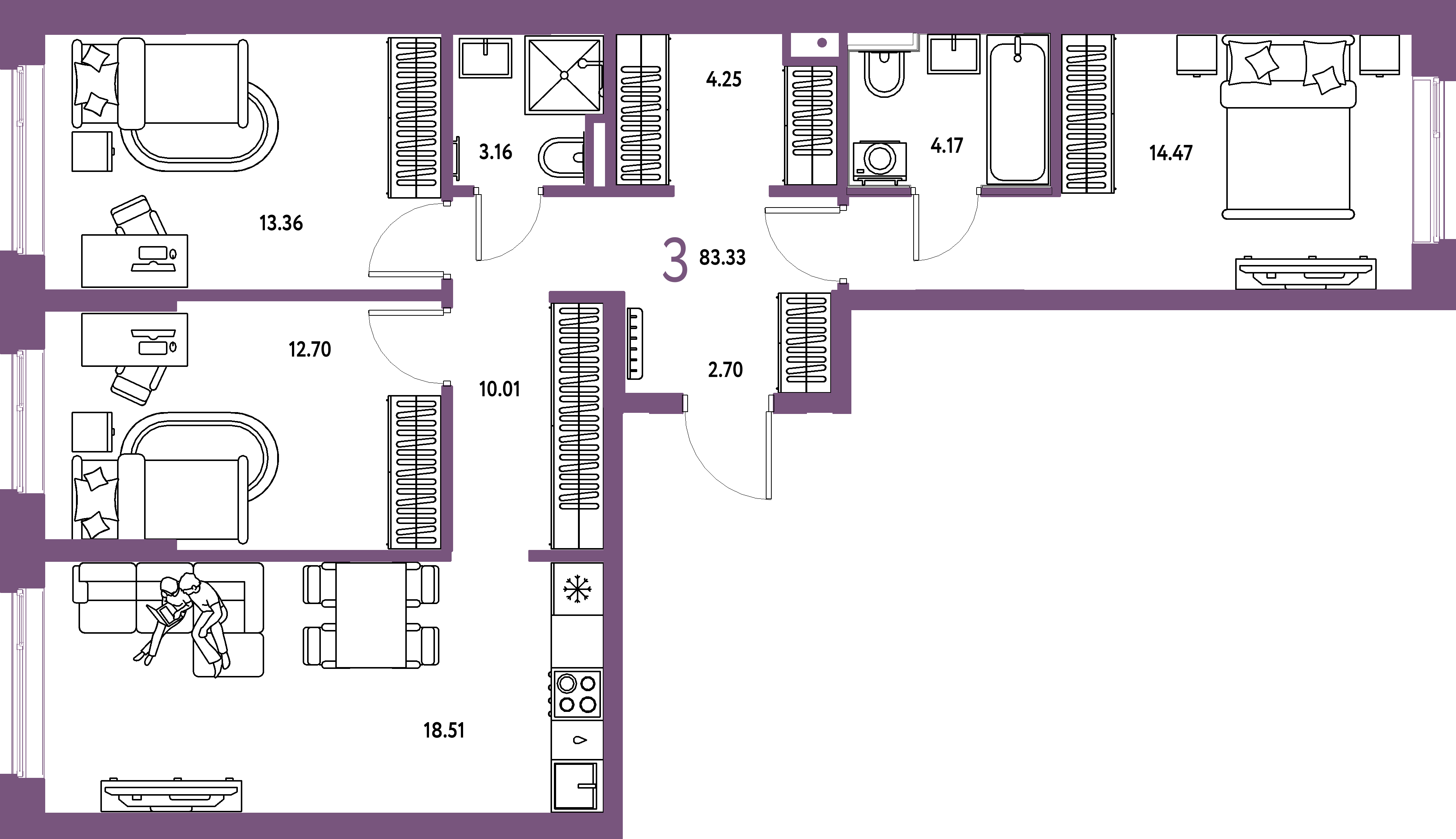 Планировка: 3-комнатная 83,32 м² в ЖК «Остров-сад»