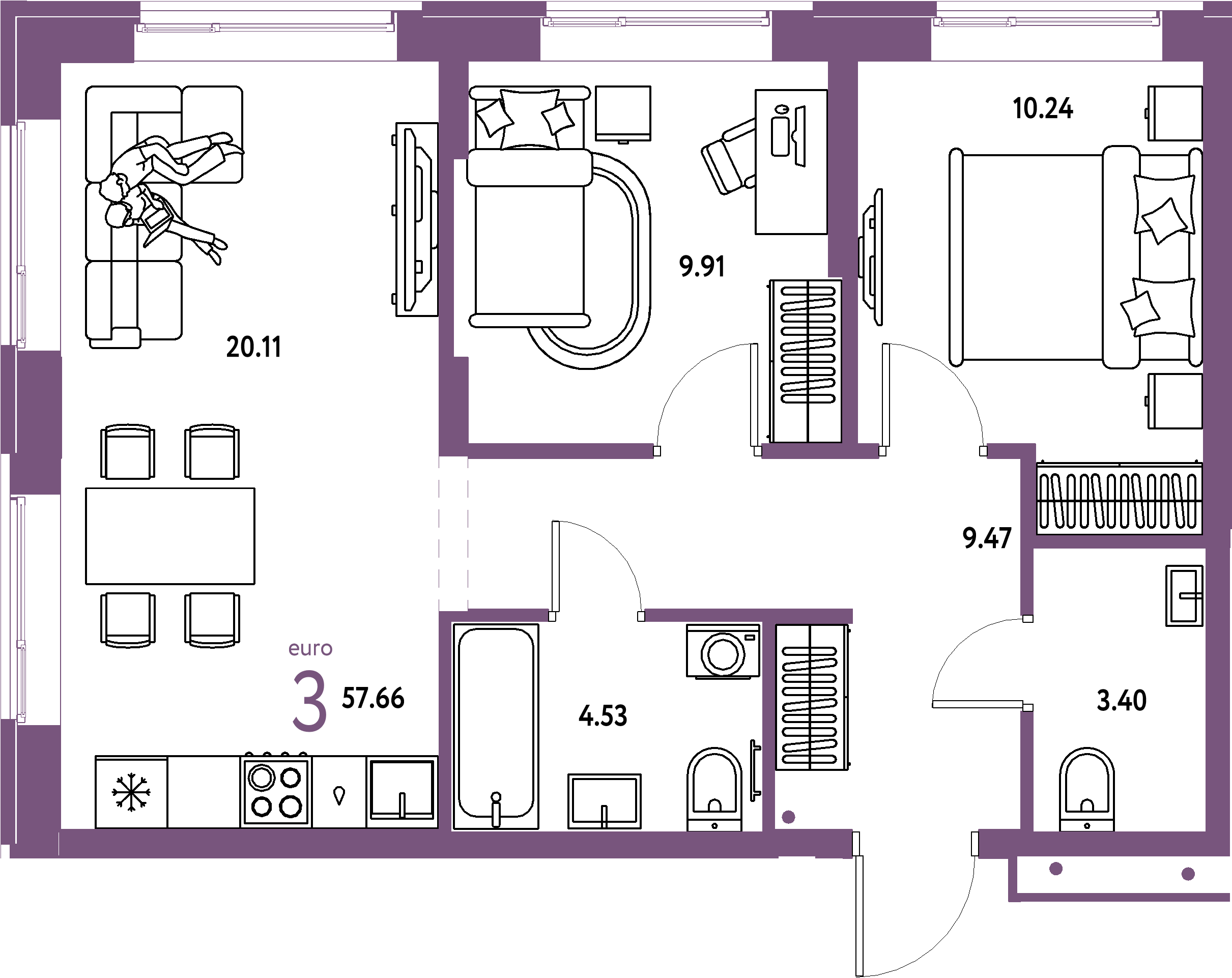 Планировка: Евротрёшка 57,66 м² в ЖК «Домашний»