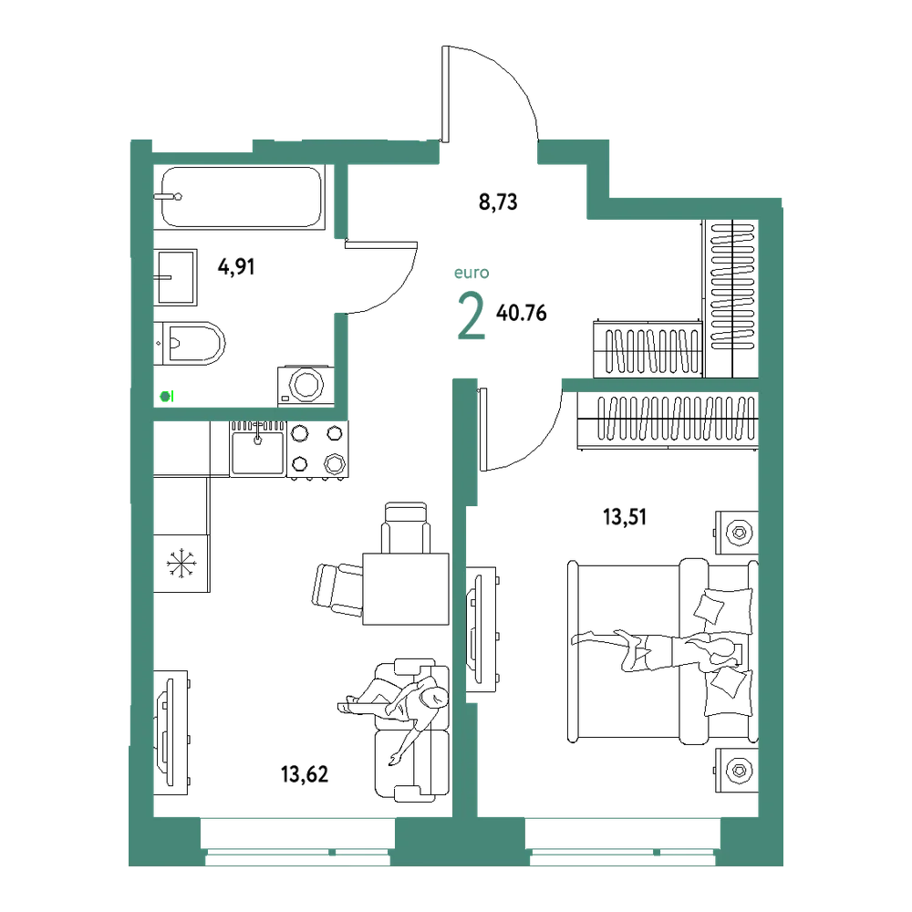 Планировка: Евродвушка 40,76 м²