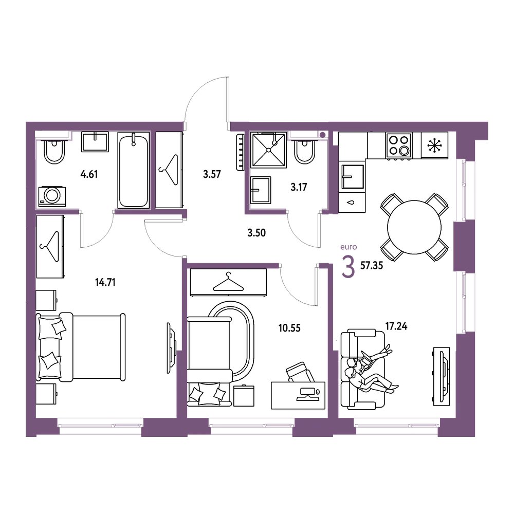 Планировка: Евротрёшка 57,35 м²