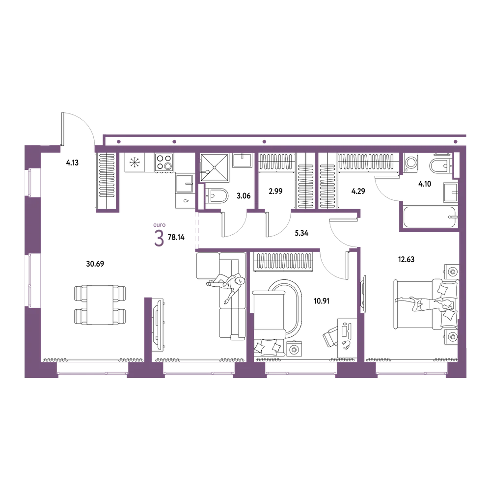Планировка: Евротрёшка 78,14 м²